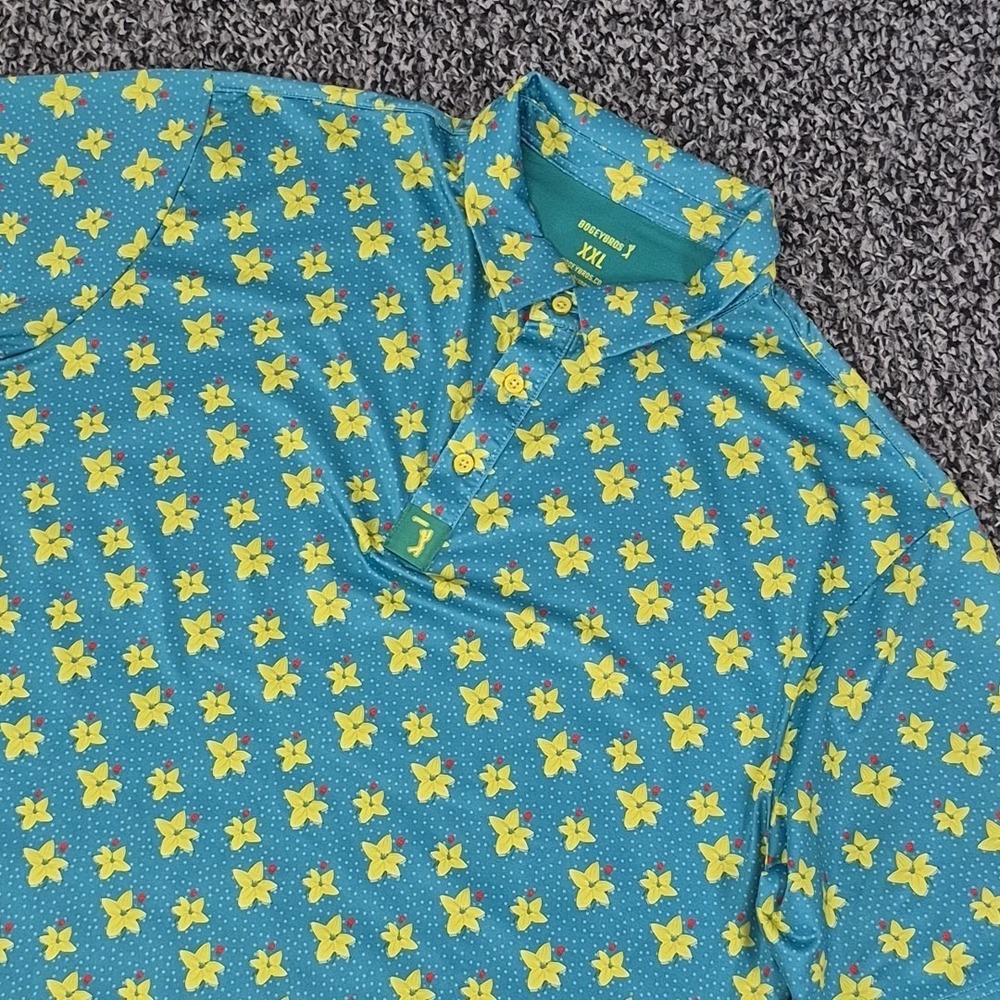 Bogey Bros Mens 2XL XXL Azaleas Performance Golf Polo Teal Yellow Floral UPF 50